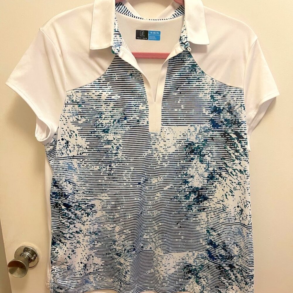 PGA‎ Tour Women's Golf Polo Blue White Short Sleeve V Neck Size XL